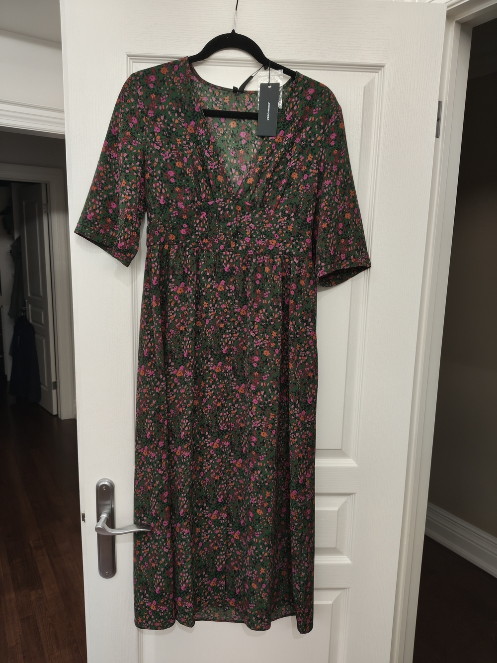 Vero Moda Dark Green Midi Dress with Pink & Orange Floral Print